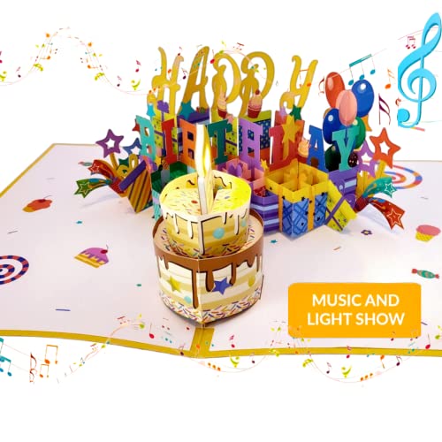 Gradient Mode Birthday Card, Musical Birthday Cards with Light and Music, Blowable Candle 3D Birthday Pop Up Cards, Blow Out LED Candle, Light Show and Play Happy Birthday Song For Women Men (Yellow)