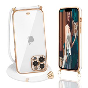 ztofera crossbody phone case for iphone 14 pro, clear protective case for girls adjustable detachable lanyard gold edge silicone bumper back case for iphone 14 pro - white