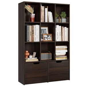 senfot bookcase 9 cube, modern bookshelf storage cabinet with 2 large drawers, free standing storage organizer book shelves for living room, office, study, brown
