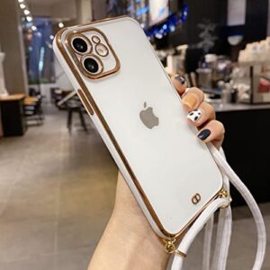 ZTOFERA Crossbody Phone Case for iPhone 14 Pro Max, Clear Protective Case for Girls Adjustable Detachable Lanyard Gold Edge Silicone Bumper Back Case for iPhone 14 Pro Max - White