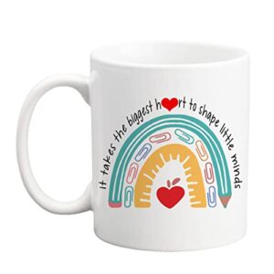 qsavet teacher gifts coffee mug, it takes the biggest heart to shape little minds, best teacher mug, appreciation birthday gifts, thank you gifts, funny gift idea for women, men, teacher 11oz tea cup