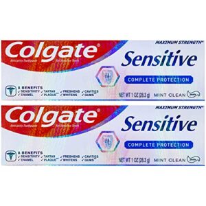 colgate sensitive complete protection toothpaste, maximum strength, clean mint, travel size 1 oz (28.3g) - pack of 2