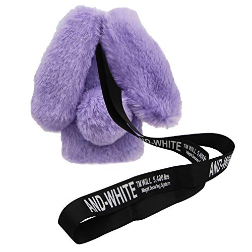 Rabbit Ear Case for iPhone 14 6.1,MIOKY Crossbody Strap Case Fuzzy Fluffy Cute Women Girls Kids Plush Ball Bunny Fur Phone Case Shockproof Silicone Bumper Protective Cover,Purple