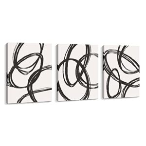 pinetree art black and white wall art abstract line art canvas print painting modern wall decor artwork (black and white, 12"x16"x3pcs)