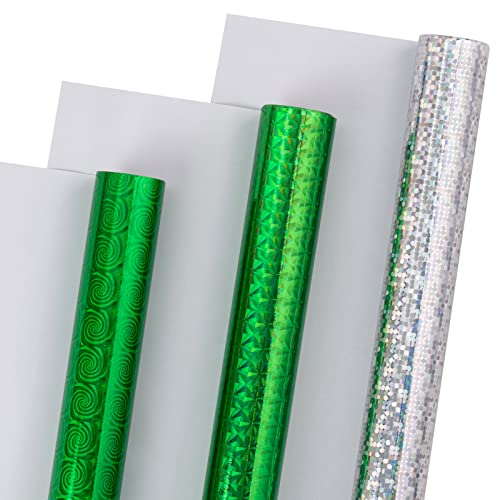 LeZakaa Holographic Wrapping Paper Roll - Mini Roll - Green/Dark Green/Silver Colors for St. Patrick Day, Christmas, Birthday, Holiday - 17 x 120 inches - 3 Rolls (42.5 sq.ft.ttl.)