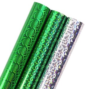 lezakaa holographic wrapping paper roll - mini roll - green/dark green/silver colors for st. patrick day, christmas, birthday, holiday - 17 x 120 inches - 3 rolls (42.5 sq.ft.ttl.)