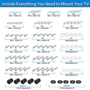 Universal TV Mount Screws, Stainless Steel TV Mounting Hardware Kit Includes M4 M5 M6 M8 TV Bolts, Washers, and Spacers, Fit All Flat and Curved Screen TVs up to 80 inches (105 pcs)