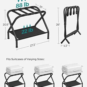 SONGMICS Luggage Rack, Suitcase Stand with Fabric Storage Shelf, for Guest Room, Bedroom, Hotel, Foldable Steel Frame, Holds up to 110 lb, 27.2 x 15 x 20.5 Inches, Black URLR002B01V1