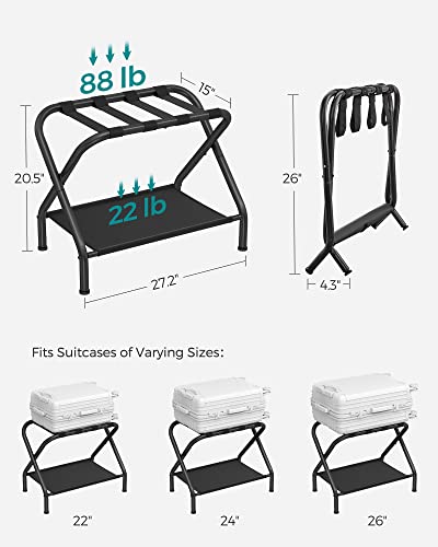 SONGMICS Luggage Rack, Suitcase Stand with Fabric Storage Shelf, for Guest Room, Bedroom, Hotel, Foldable Steel Frame, Holds up to 110 lb, 27.2 x 15 x 20.5 Inches, Black URLR002B01V1