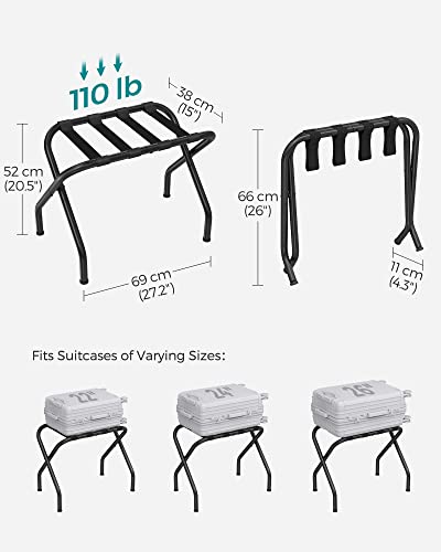 SONGMICS Luggage Rack for Guest Room, Suitcase Stand, Foldable Steel Frame, for Hotel, Bedroom, Holds up to 110 lb, 27.2 x 15 x 20.5 Inches, Black URLR001B01V1