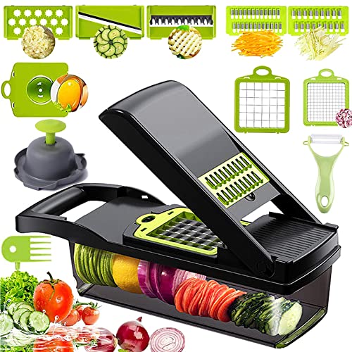 Vegetable Chopper, Onion Mandolin Slicer, DLD Pro 12 in 1 Professional Food Chopper Multifunctional & Dicer, Adjustable with Container, Gray, 12.5x4.5x4.5in, (RHG-004)