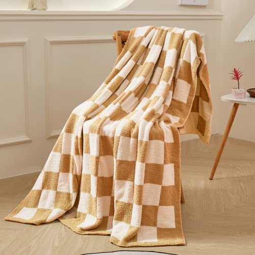 Khaki Checkered Throw Blanket Soft Warm Couch Blanket Reversible Plaid Checkerboard Grid Blanket for Bed Sofa 51"×63"