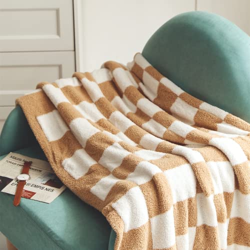 Khaki Checkered Throw Blanket Soft Warm Couch Blanket Reversible Plaid Checkerboard Grid Blanket for Bed Sofa 51"×63"