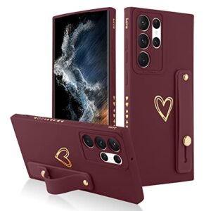 fiyart galaxy s22 ultra 6.8" love hearts case - slim, shock-absorbent, wine red, with stand & wrist strap