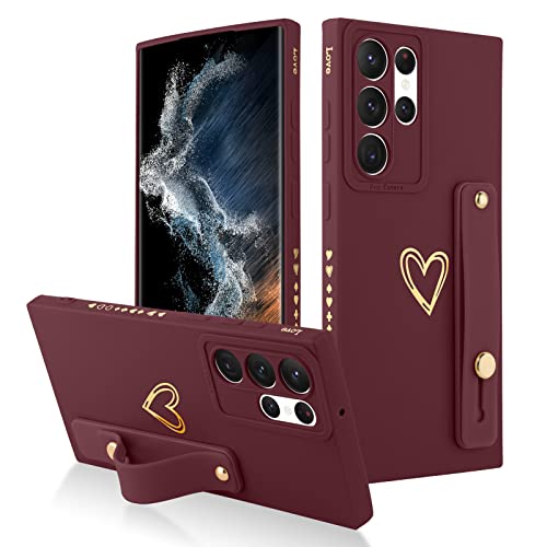 Fiyart Galaxy S22 Ultra 6.8" Love Hearts Case - Slim, Shock-Absorbent, Wine Red, with Stand & Wrist Strap