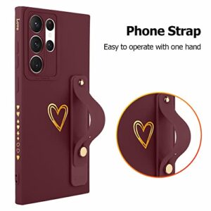 Fiyart Galaxy S22 Ultra 6.8" Love Hearts Case - Slim, Shock-Absorbent, Wine Red, with Stand & Wrist Strap