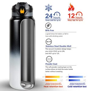 Enlightcode Insulated Water Bottle, 32 oz Water Bottle Vacuum Leak Proof BPA-Free Keep Cold and Hot Thermos Flask for Kids School Gym Hiking Camping Travel, Metal Black/White