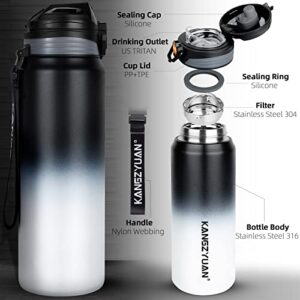 Enlightcode Insulated Water Bottle, 32 oz Water Bottle Vacuum Leak Proof BPA-Free Keep Cold and Hot Thermos Flask for Kids School Gym Hiking Camping Travel, Metal Black/White