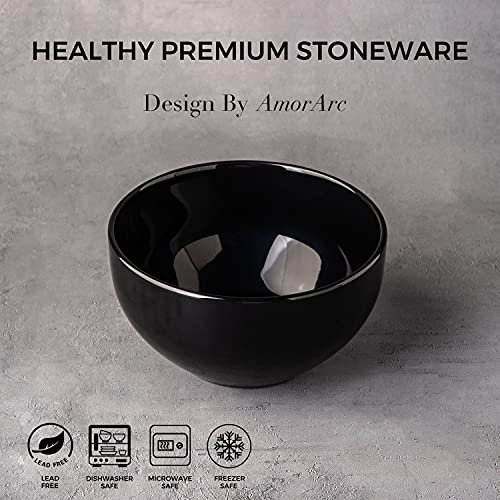 AmorArc Stoneware Cereal Bowls Set for kitchen, 22oz Ceramic Deep Soup Bowls Set of 6, Black Bowls Set for Breakfast, Lunch, Dinner. Microwave&Dishwasher Safe, Black