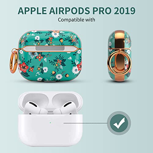 Airpods Pro Case Cover for Women, Premium Floral Print Protective Hard Case Cover for Airpods Pro Case 2019 with Keychain and Bonus Magnetic Anti-Lost Straps, Gift Idea for Women Girls (Green Floral)