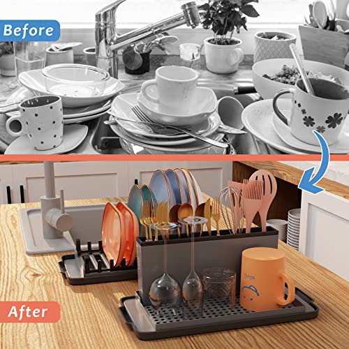 Midyb Dual Part Dish Drying Rack for Kitchen, Multifunctional Draining Rack Holder with Drainboard, Tableware Bowl Saucer Storage System, Household Dish Drainer for Countertop