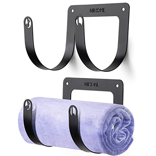 NiHome Musical Notes Shape Metal Towel Holders 2-Pack Towel Rack Traceless Wall Mount Towel Hanger Hooks Rack Holder Heavy-Duty Organizer for Home Bathroom Accessories Bedroom Hanging Yoga Mat (Black)