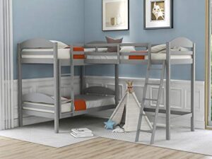 ubgo l shape three bed loft bed, bunk bed three beds, space saving design with step ladder and safety railing, kid teen bedroom dormitory storage corner bunk bed - gray