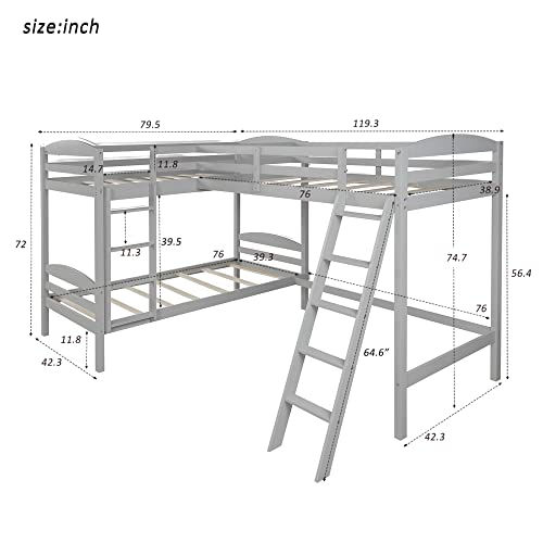 UBGO L Shape Three Bed Loft Bed, Bunk Bed Three Beds, Space Saving Design with Step Ladder and Safety Railing, Kid Teen Bedroom Dormitory Storage Corner Bunk Bed - Gray