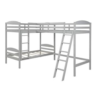 UBGO L Shape Three Bed Loft Bed, Bunk Bed Three Beds, Space Saving Design with Step Ladder and Safety Railing, Kid Teen Bedroom Dormitory Storage Corner Bunk Bed - Gray