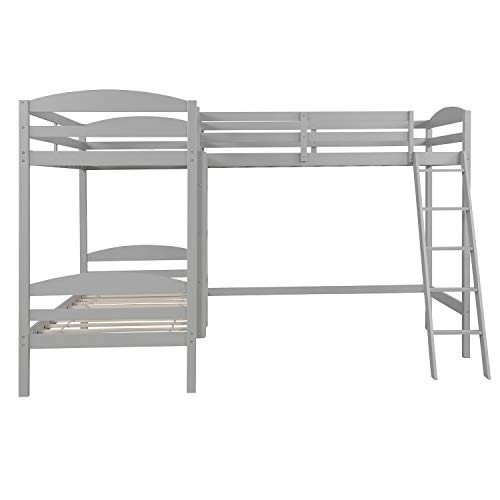 UBGO L Shape Three Bed Loft Bed, Bunk Bed Three Beds, Space Saving Design with Step Ladder and Safety Railing, Kid Teen Bedroom Dormitory Storage Corner Bunk Bed - Gray