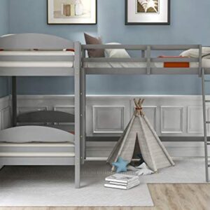 UBGO L Shape Three Bed Loft Bed, Bunk Bed Three Beds, Space Saving Design with Step Ladder and Safety Railing, Kid Teen Bedroom Dormitory Storage Corner Bunk Bed - Gray