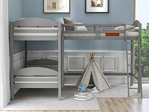 UBGO L Shape Three Bed Loft Bed, Bunk Bed Three Beds, Space Saving Design with Step Ladder and Safety Railing, Kid Teen Bedroom Dormitory Storage Corner Bunk Bed - Gray