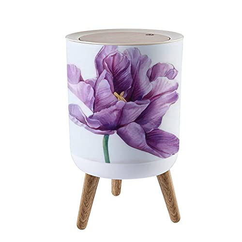 Round Trash Can with Lid Lilac Flower an Isolated White Watercolor Illustrations Purple Tulips Press Top Recycle Bin Small Garbage Can Dog Proof Wastebasket Wooden Legs Bathroom Kitchen 7L/1.8 Gallon