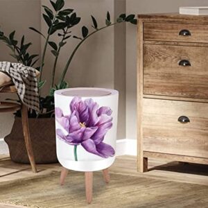 Round Trash Can with Lid Lilac Flower an Isolated White Watercolor Illustrations Purple Tulips Press Top Recycle Bin Small Garbage Can Dog Proof Wastebasket Wooden Legs Bathroom Kitchen 7L/1.8 Gallon