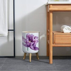 Round Trash Can with Lid Lilac Flower an Isolated White Watercolor Illustrations Purple Tulips Press Top Recycle Bin Small Garbage Can Dog Proof Wastebasket Wooden Legs Bathroom Kitchen 7L/1.8 Gallon