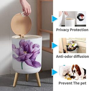 Round Trash Can with Lid Lilac Flower an Isolated White Watercolor Illustrations Purple Tulips Press Top Recycle Bin Small Garbage Can Dog Proof Wastebasket Wooden Legs Bathroom Kitchen 7L/1.8 Gallon