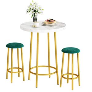 hooseng bar table set, 3 pieces round dining table set with counter height faux marble table and 2 stools, space saving bar table and chairs set for breakfast nook apartment cafe small space, green