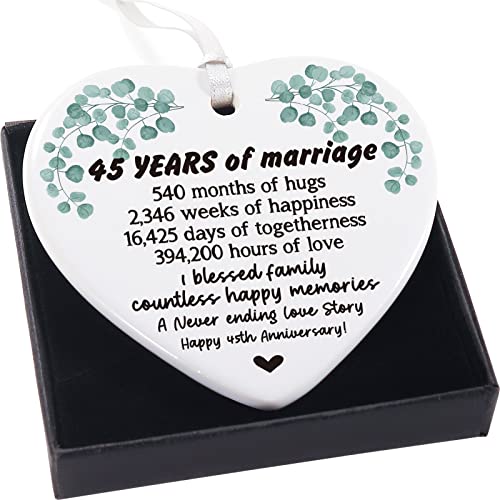 45th Marriage Anniversary Wedding Gifts for Women, Happy 45th Anniversary Wedding Gifts for Husband Wife Friends, 45 Years of Marriage Keepsake Heart Ceramics Hanging Plaque Decor Sign HP017