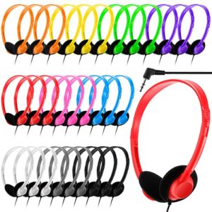 30 pack class set headphones for kids school earphones over head bulk colored classroom headphones on ear earbuds adjustable with 3.5 mm jack for libraries students teens adults, individually wrapped