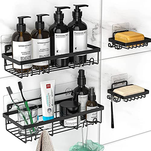 WWW Adhesive Corner Shower Caddy, 4-Pack Adhesive Shower Organizer Shower Shelves No Drilling with 2 Soap Holders for Washroom Bathroom Kitchen