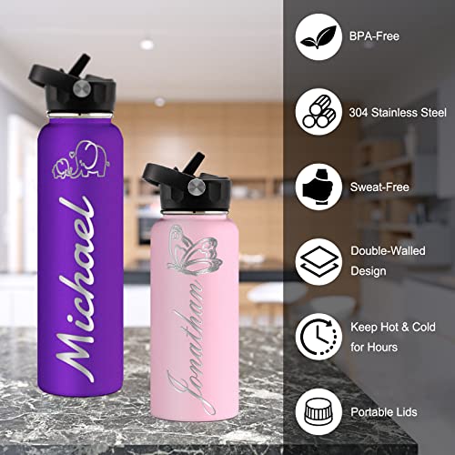 Personalized Water Bottles Customized Insulated with Straw Cover 24oz Leak Proof Custom Stainless Steel Thermos for School Sports