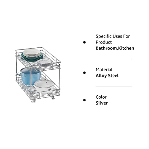 LOVMOR Pull Out Cabinet Organizer and Storage (11" W x 21" D) 2-Tier Pull Out Shelf Storage for Kitchen Base Cabinet Silver