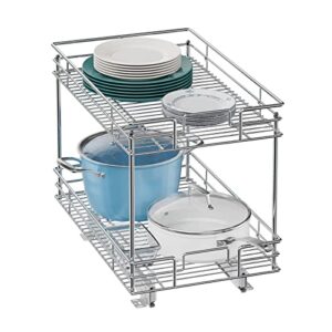 lovmor pull out cabinet organizer and storage (11" w x 21" d) 2-tier pull out shelf storage for kitchen base cabinet silver