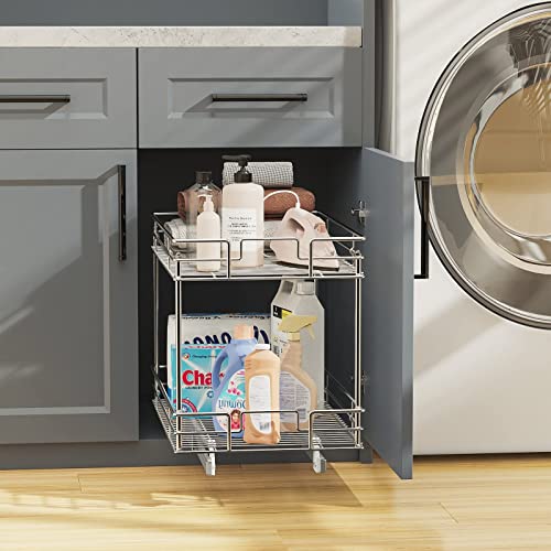 LOVMOR Pull Out Cabinet Organizer and Storage (11" W x 21" D) 2-Tier Pull Out Shelf Storage for Kitchen Base Cabinet Silver