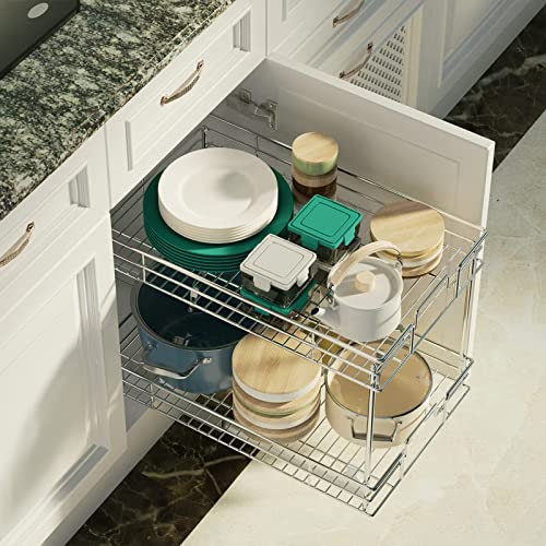 LOVMOR Pull Out Cabinet Organizer and Storage (11" W x 21" D) 2-Tier Pull Out Shelf Storage for Kitchen Base Cabinet Silver