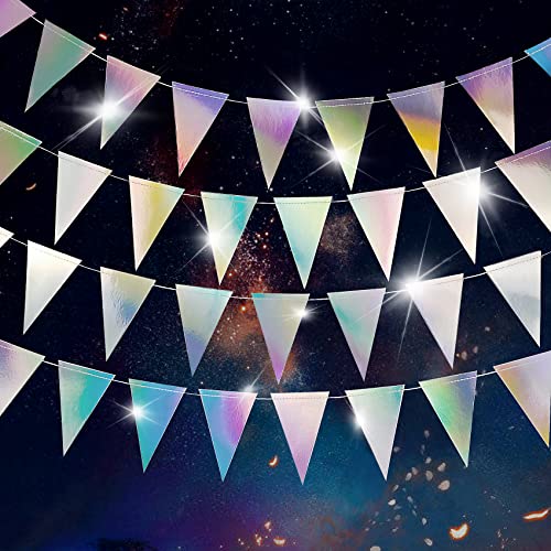 Iridescent Disco Party Decorations Garland, Retro 70s Triangle Streamers, Holographic Hanging Dancing Decor Backdrop, Sparkle Birthday Bachelorette Mermaid Unicorn Theme Party Supplies