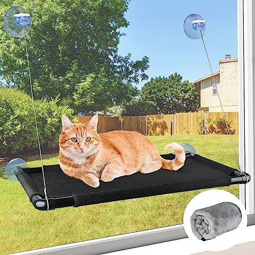 Yicostar Cat Window Perch X-Large, Cat Window Hammock Cat Bed Window, Safety and Space Saving Window Mounted Cat Seat for Large Cats Sunbathing & Napping (Black Premium Set)