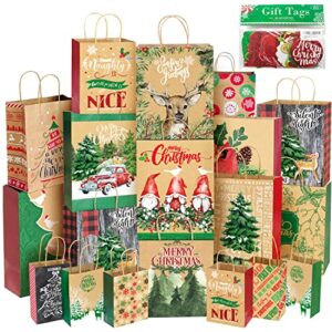 party funny 24 kraft christmas gift paper bags bulk with handles and 60 count christmas gift tags-assorted sizes set for wrapping xmas holiday presents(6 jumbo,6 large,6 medium,6 small)