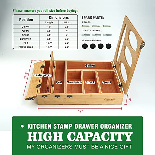 MatchWhiz Kitchen Ziplock Bag Organizer, Foil and Plastic Wrap Dispenser with Cutters. 6 IN 1 Kitchen Stamp Drawer Organizer.