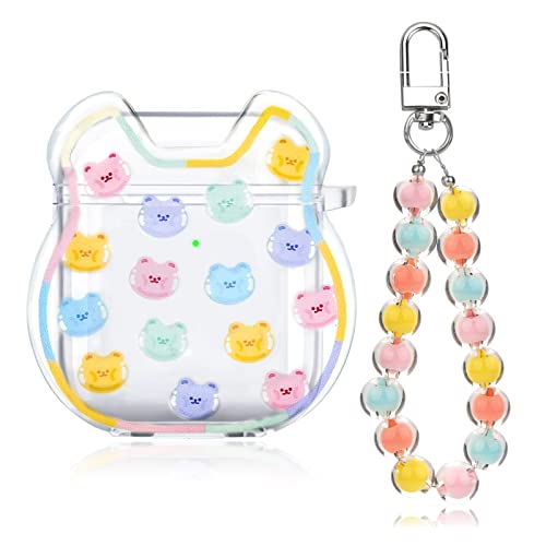 Cute AirPod Cases Korea Funny 3D Bear Design with Coloful Round Bead Bracelet Clear Soft Protective Cover Compatiable with AirPods 1st & 2nd Generation for Women and Girls